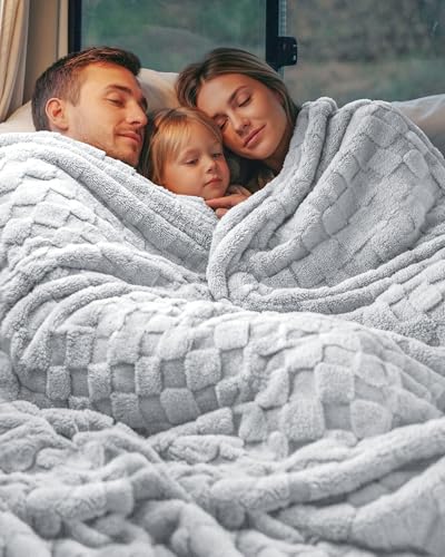 Plush Checkered Fleece Blanket Cool Grey Throw (Cool Grey / Throw)