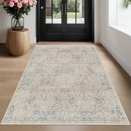 Vintage Washable Beige Blue Area Rugs for Bedroom Under Bed (Beige Blue / 4' x 6' (Rectangular))