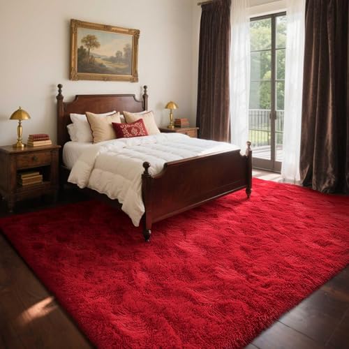5x7 Ft Red Shag Rugs for Bedroom Living Room Decor (CD Red / 5' X 7' (Rectangular))