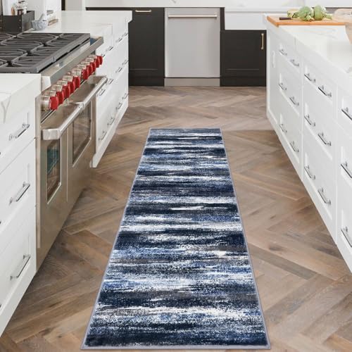 Abstract Washable 2x6 Runner Rug Non Slip Runners for Hallway (Navy Blue and Gray / 2' x 6' (Runner))