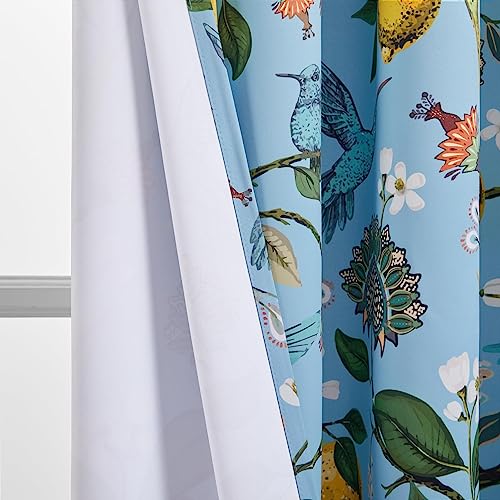 Blue Patterned Curtains 2 Pages 96 Inches Long Blackout Heat Block Farmhouse Watercolor Floral Flower Hummingbird Printed Drapes Grommet Window Treatment for Living Room (Light Blue / 52"W x 96"L (Pack of 2))