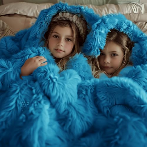 Faux Fur Fluffy Sherpa Fleece King Bed Blanket Bright Blue 108"x90" (21- Bright Blue / King (108" X 90"))