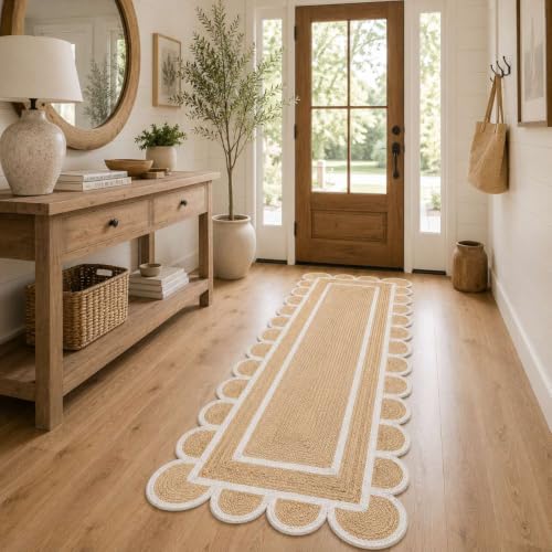 Jute Runner Rug 2x16 Ft with Scalloped Border (Off White / 2' x 16' (Rectangular))