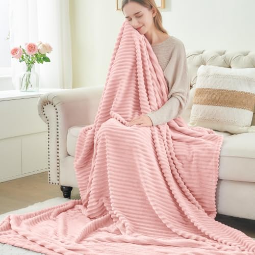 3D Ribbed Light Pink Fleece Twin Blanket for Couch (Pink Morn / Twin(60"x80"))