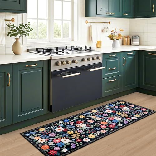 2.6x8 Washable Runner Rug：Floral Indoor Kitchen Soft Carpet Black (Black / 2'6" x 8' (Runner))