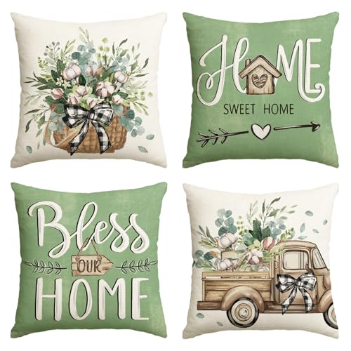 Bless Our Home Farmhouse Eucalyptus Leaves Throw Pillow Covers (Green / 16" x 16" (Pack of 4))