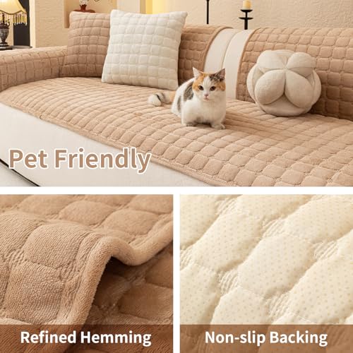 Velvet Sectional Couch Covers for Dogs (Khaki / 1PC/27.6"x94"/3-4 Seat & Long "L" Part)