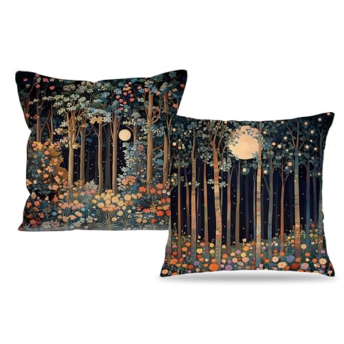 Vintage William Morris Moon Inspired Forest Decor Throw Pillow Covers 18x18 Set of 2 (Forest-black Orange -15 / 18" x 18" (Pack of 1))