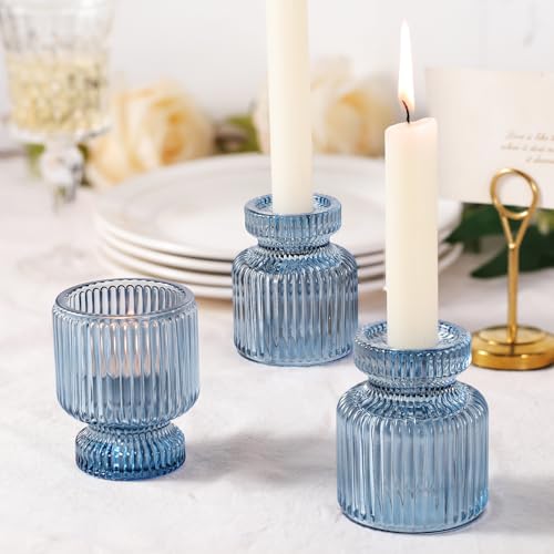 12 Pcs Glass Candlestick Holders (Blue / 12Pcs)