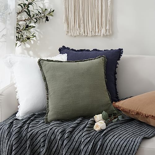 Decorative Linen Fringe Throw Pillow Covers 20×20 Olive Green (20" x 20" (Pack of 2) / Olive Green)