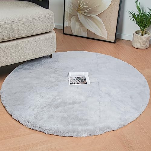 Round Furry Rugs for Living Room Faux Rabbit Fluffy Fur Rug for Bedroom Washable Area Rugs Boho Circle Rug Grey Shag Rug 4ft (4' (Round) / Grey)