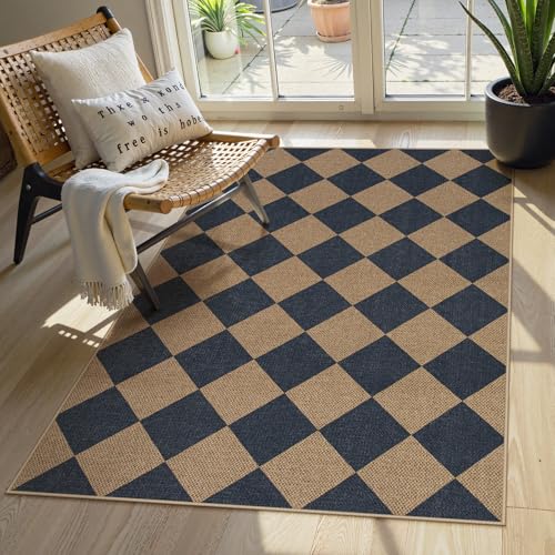 Checkered Easy Jute 3x5 Outdoor Rug (3' x 5' (Rectangular) / Blue/Checkerboard -2)