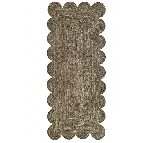 Scallop Jute Runner Rug Boho Jute Rug Scalloped Coastal Rug (Dark Taupe / 2'6"x10' (Runner))