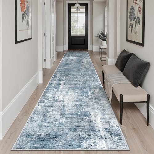 Hallway Runner Rug 2'6" x 12' Kitchen Rugs Abstract Blue (Blue/Grey / 2'6" x 12' (Runner))
