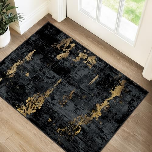 Washable 2'x3' Abstract Area Rug for Living Room Black Gold (Black/Gold / 2' x 3' (Rectangular))