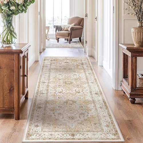 Amada 2'6" x 8' Washable Runner Rug for Hallway (2'6" x 8' (Runner) / Distressed Beige/Cream)