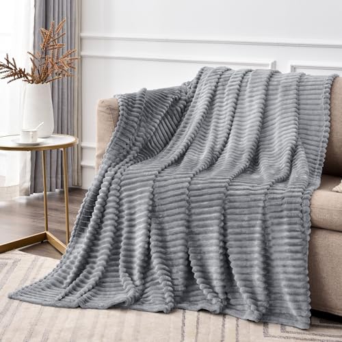 3D Ribbed Jacquard Grey Fleece Throw Blanket for Couch (Grey / Throw XL(50"x70"))
