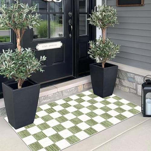 Front Door Mat Indoor Entrance (Checkered - Green / White / 2' x 4'3" (Rectangular))