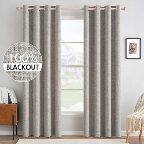 100% Blackout Linen Curtains for Bedroom 52x96 Inches Warm Taupe (Warm Taupe / 52"W x 96"L (Pack of 2))