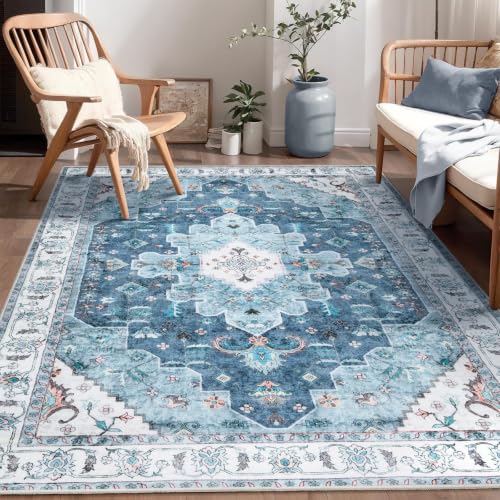 4x6 Washable Non Slip Boho Area Rug for Bedroom (Vintage Blue / 4' x 6' (Rectangular))
