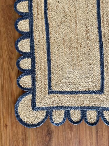 Jute Runner Rug 2x12 Ft with Scalloped Border (Blue / 2' x 12' (Rectangular))