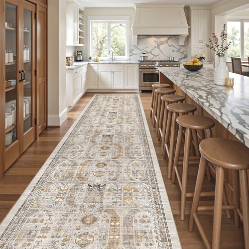Hallway Runner Rug 3x14 Washable Kitchen Runners Long (Brown/Gold / 3' x 14' (Runner))