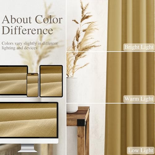 Gold Linen Curtains 63 Inches Long 2 Panel Sets for Living Room Bedroom Rod Pocket Back Tab Light Filtering Drape for Kitchen Window Short Protect Privacy Curtain Modern Farmhouse Decor 52x63 (52"W x 63"L (Pack of 2) / Gold)