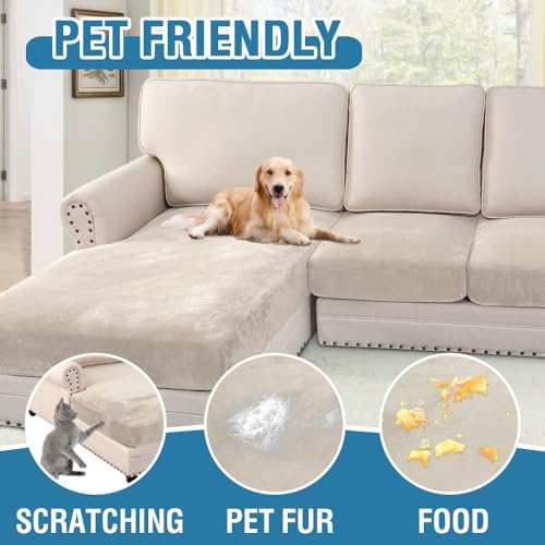 Velvet Stretch Sectional Couch Covers 3 Pieces Sofa Seat Cushion Covers L Shape Separate Cushion Couch Cover for Both Left (Ivory / 2 Seater + Chaise)