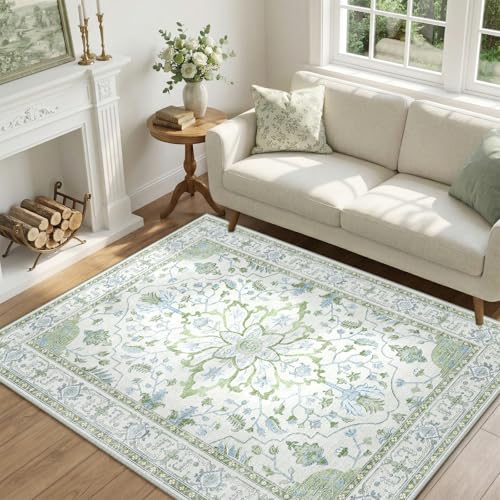 Washable Area Rug (Green/White/Blue / 4' x 6' (Rectangular))