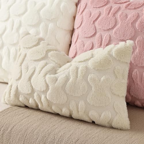 Beige Faux Fur Bunny Throw Pillow Covers 12x20 Set of 2 (20" x 12" (Pack of 2) / Rabbits Beige)