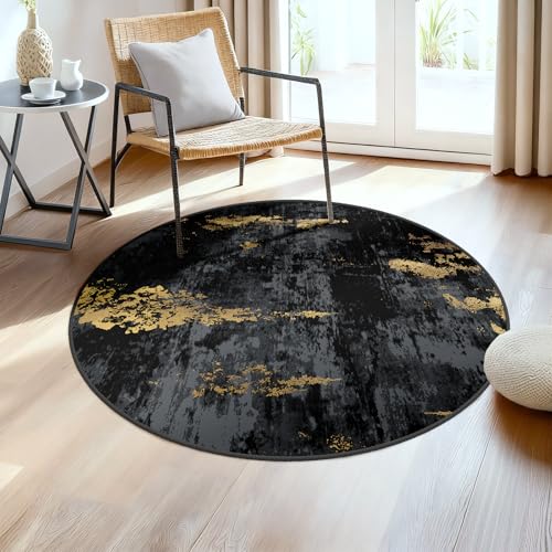 Washable Round 4ft Area Rug for Living Room Black Gold (Black/Gold / 4' (Round))