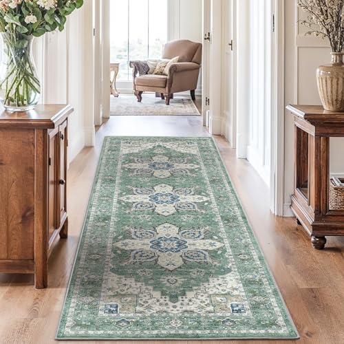 Amada 2'6"x8' Washable Runner Rug for Hallway (2'6" x 8' (Runner) / Dark/Green)