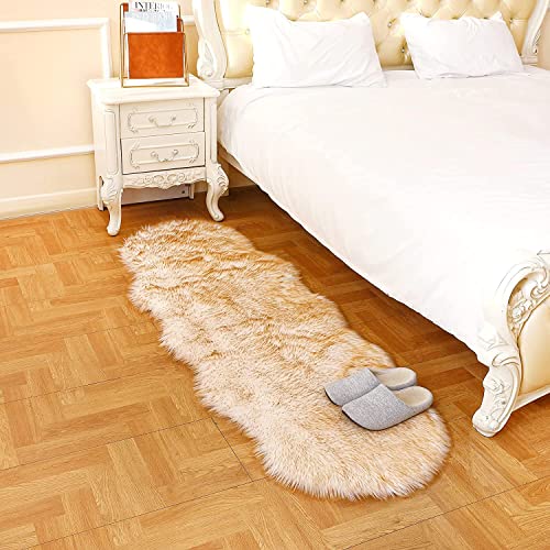 Faux Fur Sheepskin Runner Rug White Yellow 2x6 ft Ultra Soft Shaggy Plush Fluffy Fuzzy Area Carpet Decorative Chair Cover Floor Mat for Bedroom Sofa Living Room Bedside (White and Yellow / 2' x 6' (Runner))