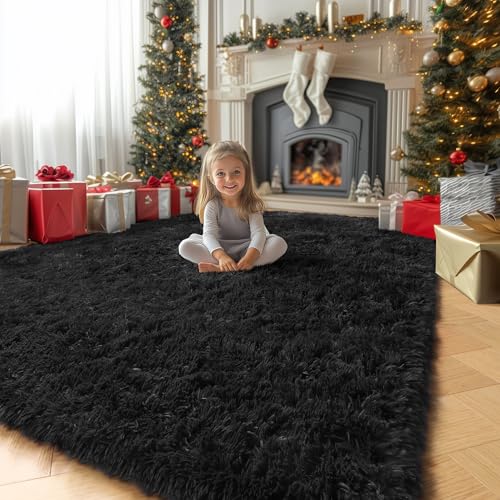 Black Big Shag Kids Area Rug 6x9 for Living Room Bedroom Apartment (Black / 6' x 9' (Rectangular))