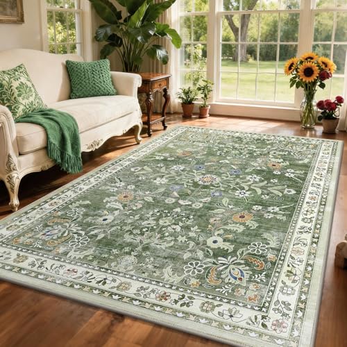 6x9 Washable Area Rug for Living Room Floral Carpet Sage Green (Green / 6' x 9')