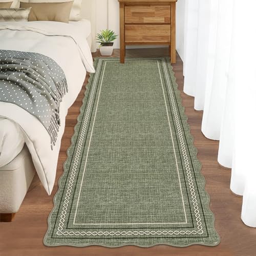 Washable Runner Rugs 2x8 Entryay Rug Scalloped Non Slip (Green / 2' x 8' (Runner))