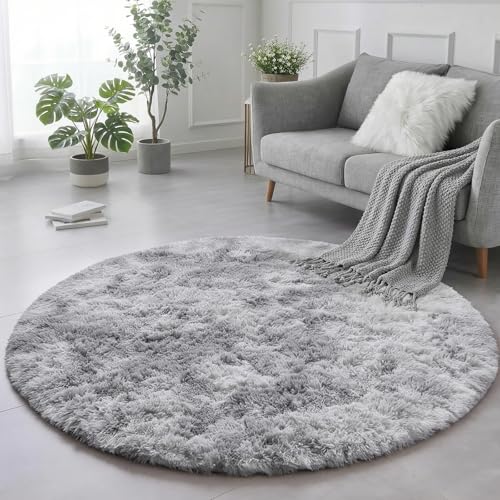 Tie Dyed Light Grey Big Shag Round Rug 6Ft for Living Room Bedroom (Tie-dyed Light Grey / 6' (Round))