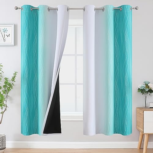 Teal and Grayish White Ombre Blackout Curtains for Living Room 72 Inch Long (Teal and Greyish White / 42"W x 72"L (Pack of 2))