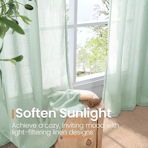 Light Green Linen Curtains 40 Inches Long (Sage Green / 42"W x 40"L (Pack of 2))