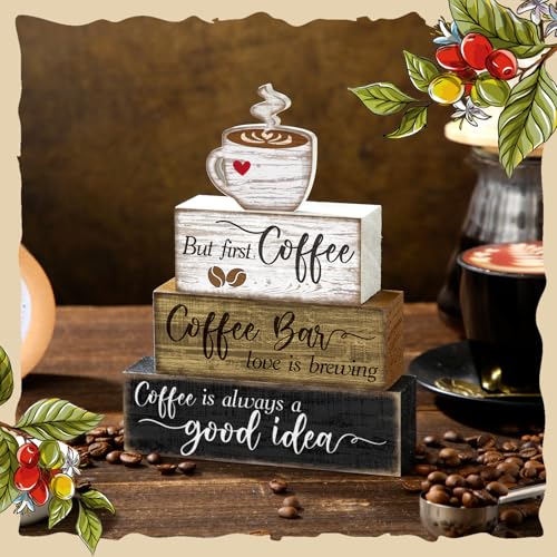 4 Pcs Coffee Bar Sign Wooden Blocks with Cup Topper Coffee Decor (Coffee Bar)