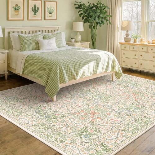 Beige Green 6x9 Washable Area Rugs for Dining Room (Garden Green / 6' x 9' (Rectangular))