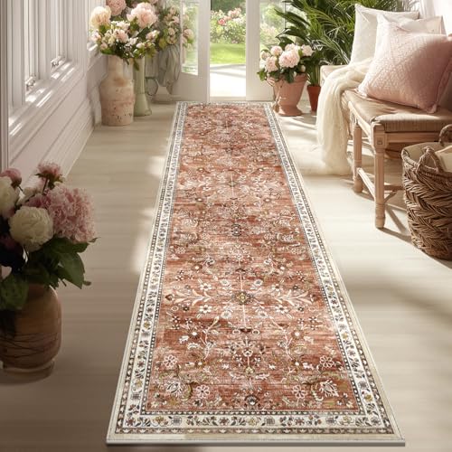 2x8 Washable Hallway Runner Rug Non Slip Floral Carpet (Brick-red / 2' x 8')
