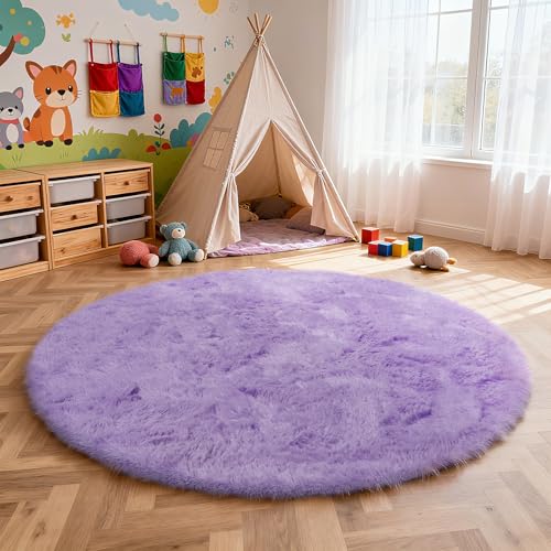 Purple Fluffy Round Area Rugs for Bedroom (Purple / 3' (Round))