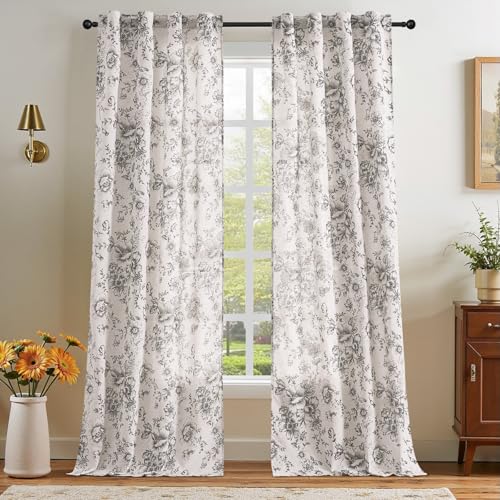Vintage Floral Linen Curtains 96 Long for Living Room 2 Panels (Black on Beige / 38"W x 96"L (Pack of 2))
