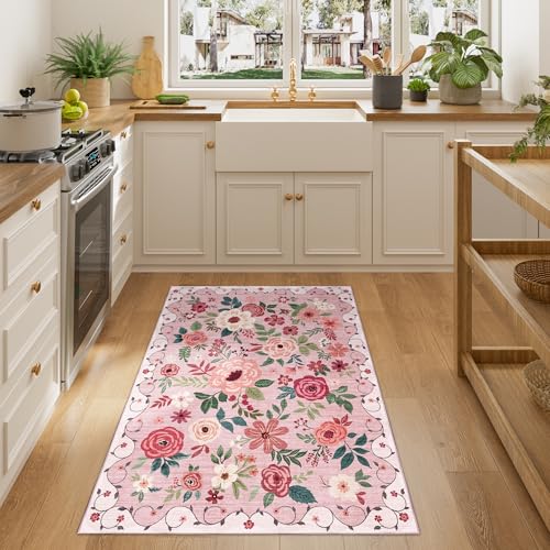 3x4 Area Rug Floral Washable Rug for Kitchen Non Slip (Pink / 3' x 4' (Rectangular))