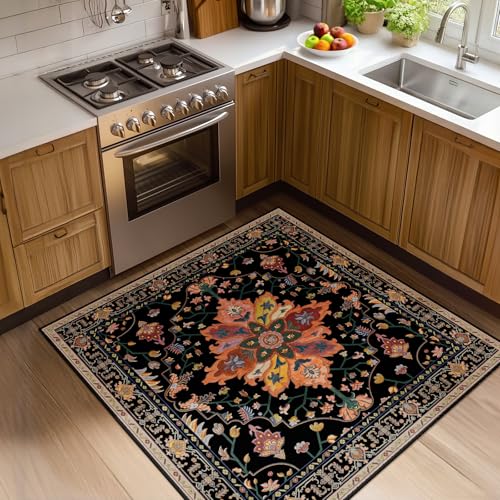 Washable Area Rug (Black/Colorful / 4' x 4' (Square))
