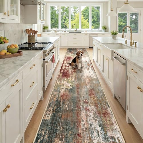 Washable Runner 2'6"x12' Abstract Area Rug for Hallway Rustic Brown (Rust Red/Green/Blue/Multi / 2'6" x 12' (Runner))