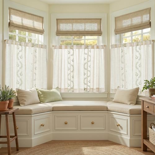 Green Floral Linen Kitchen Tier Curtains 36 Inch (A| Sage / 26"W x 36"L (Pack of 2))