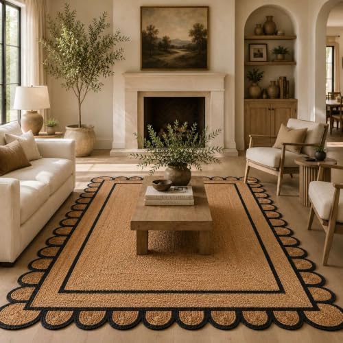 Scalloped Natural Jute Area Rug 9x12 Ft (Black / 9' x 12' (Rectangular))