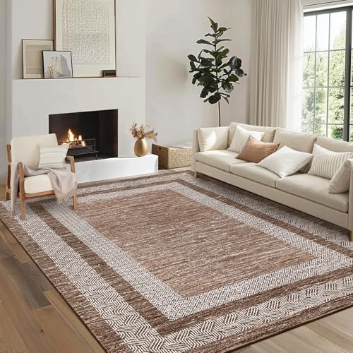 Area Rug 5x7 Distressed Bordered Washable Non Slip Floor Carpet (Dark Brown / 5' x 7' (Rectangular))